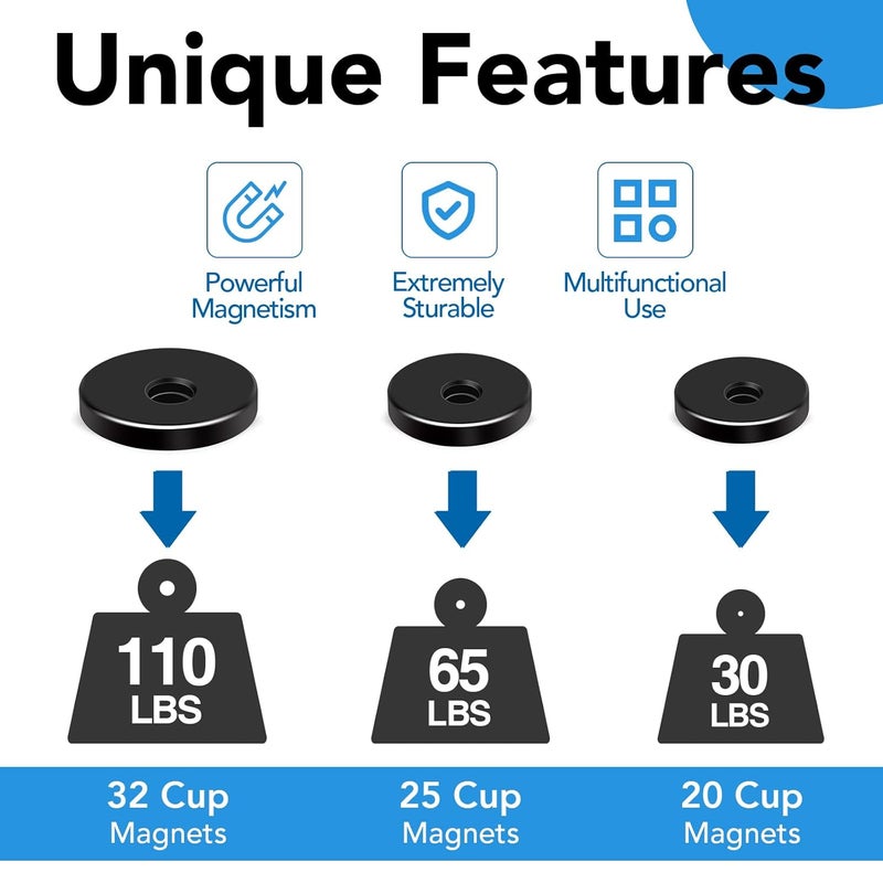LOVIMAG Strong Neodymium Cup Magnets, 3 Sizes, 12Pcs Black Heavy Duty with Countersunk Hole and Screw for Wall Mounting, Holding Tools, Lifting, Fridge, Cabinet - Image 5